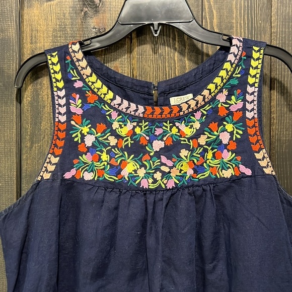 J. Crew Linen Blend Mini Dress 10 Embroidered Floral Boho Chic Navy Blue Cotton - Picture 2 of 10